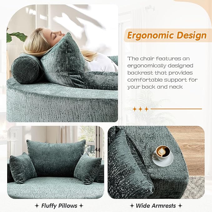 55"W Oversized Round Chair Lounge Chaise Indoor, Upholstered Comfy Circle Sofa Armchair, Modern Cozy Boneless Foam Floor Reading Chair for Living Room, Bedroom, No Assembly Required(Chenille, Green)