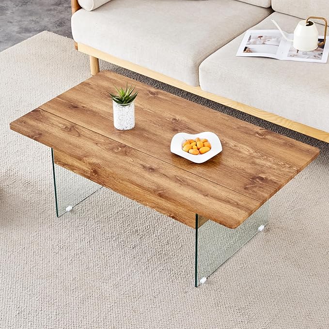 HanStrong 43.3" Lift-Top Coffee Table with Storage,Marble & Tempered Glass Space-Saving for Living Room,Office,Natural