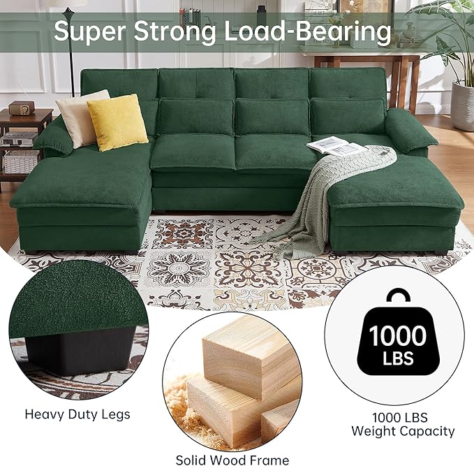 Jarenie 110" Convertible Sectional Sofa, U Shape Cloud Couch, Comfy Couches with Double Chaise and Sleepable Armrests, 4 Seats Sectional Couches for Living Room, Green