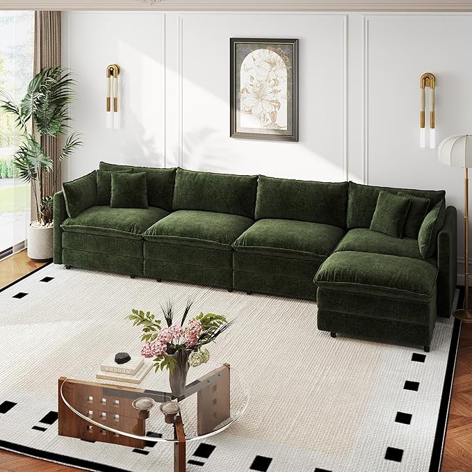 Aoowow Modular Sectional Sofa Modern Convertible L Shaped Couch,147.2 Inch Deep 4-Seater Sofas Set Comfy Chenille Cloud Sofas and Couches with Movable Ottoman for Living Room Apartment（Green）
