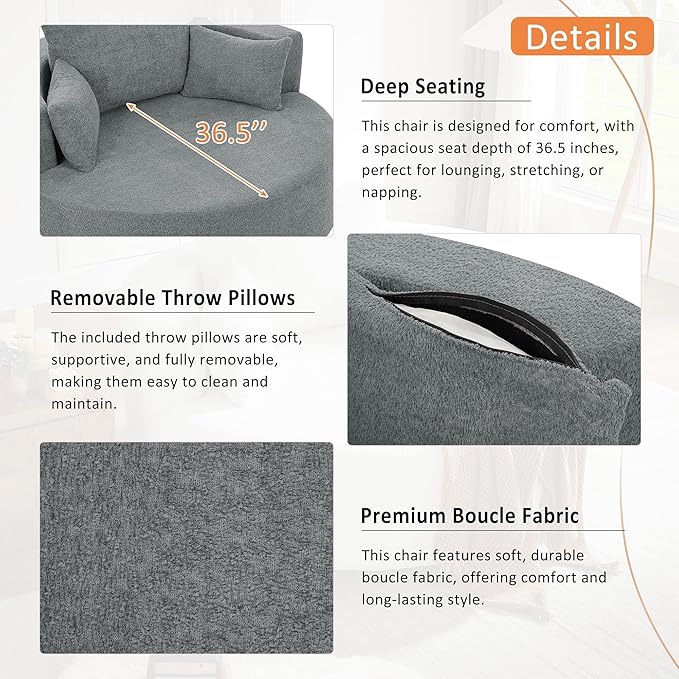 Merax 360° Swivel Chair, Chenille Fabric Accent Barrel Chair, Swivel Round Sofa Chair with 3 Removable Pillows for Living Room, Bedroom, Office and Hotel, Grey
