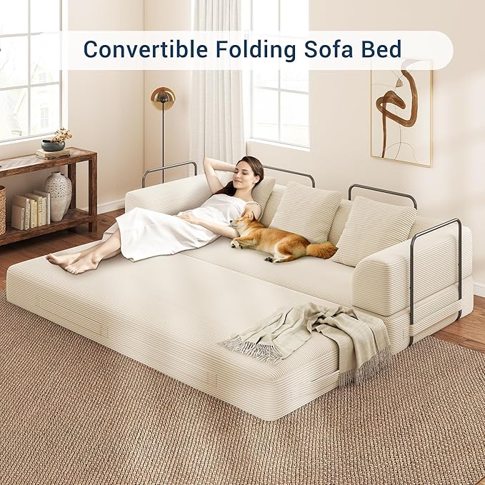 Cloud Boneless Convertible Sleeper Sofa Bed for Living Room 89" 4-in-1 Foldable Compressed Lounge 3 Seater Floor Couches High-Density Sponge & Corduroy Fabric Multi-Form Pull Out Futon Daybed(Beige)
