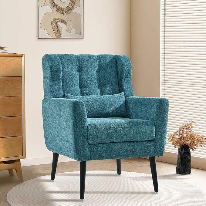 QKFF Modern Accent Chair, Upholstered Armchair with Pillow, Fabric Single Sofa Chair with Lounge Seat and Wood Legs Accent Chair for Living Room Bedroom Small Spaces (Teal)
