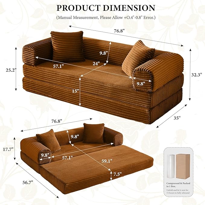 Chorlenimi Boneless Couch Futon Sofa Bed Sectional Couches for Living Room,Cloud Couch with Sleeper Sofa,Sofas for Living Room Oversized Corduroy Upholstered (Orange, 76 Inches (No Iron Frame))