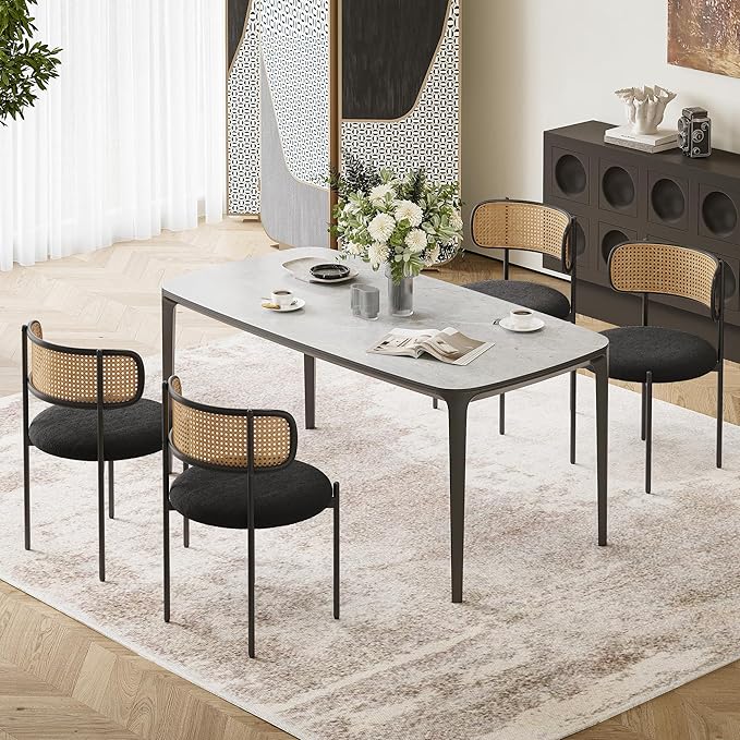 Farini Dining Chairs Set of 4,Mid-Century Modern Kitchen Chair Rattan Backrest Round Upholstered Sherpa Dining Chairs with Metal Legs,Black