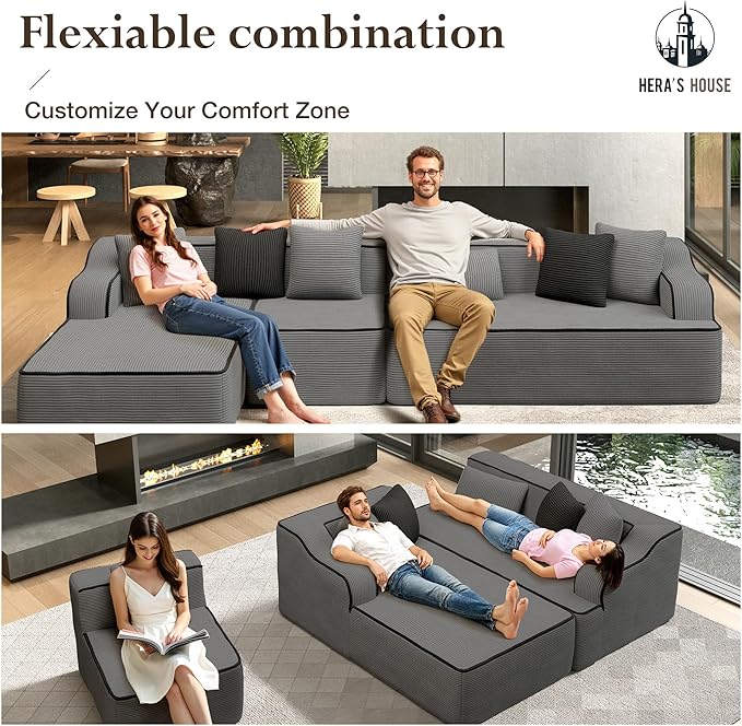 HERA'S HOUSE 134" Cloud Sectional Couch, L-Shaped Modular Upholstered Sofa with Ottoman, Corduroy Boneless Couches with Wide Armrest and 5 Throw Pillows for Living Room, No Assembly Required, Grey