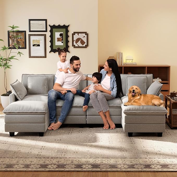 Ihanherry 106" U-Shaped Modern Sofa Modular Sectional Cloud Couch 6-Seat Chenille Seat Sofa with Ottoman for Living Room, Bedroom and Apartment, Grey