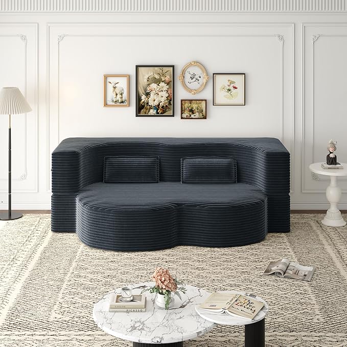 No Assembly Required Modern Floor Sofa, Convertible Plush Corduroy Sleeper Sofa Bed with 2 Pillows, Full Size Folding Mattress for Living Room and Guest Bed, Dark Grey