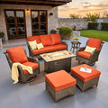 ovios 7 Pieces Patio Furniture Set, Outdoor Wicker Sofa Couch with Swivel Chairs 42" Fire Pit Table, High Back Modern All Weather Conversation Sets, Brown Rattan, Orange Red
