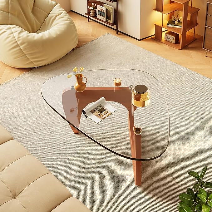 LUCKIIA Coffee Tables Glass Small Farmhouse Coffee Table Mid-Century Modern Wood Center Table for Living Room, Walnut Transparent, 45 Inch