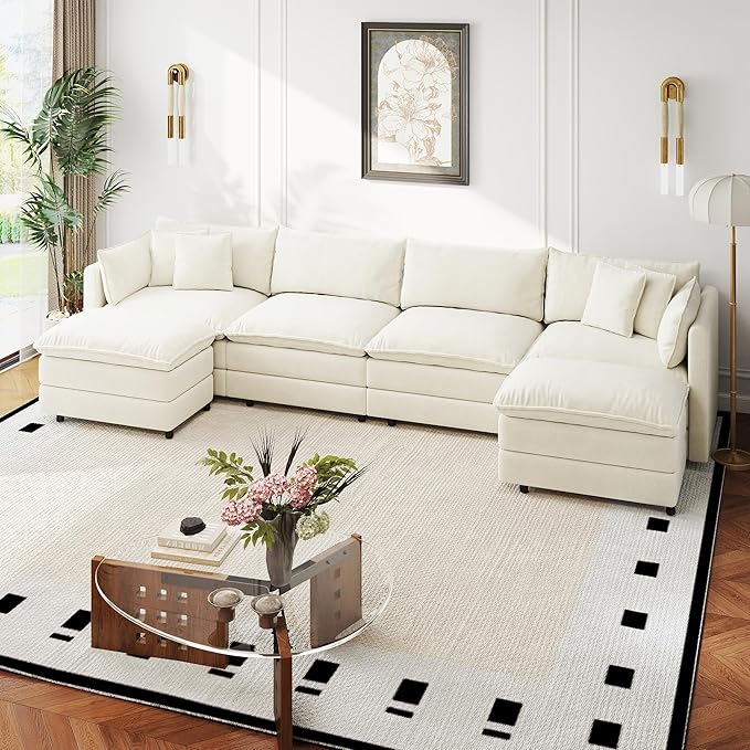 Aoowow Modular Sectional Sofa Modern Convertible U Shaped Couch,147.2 Inch Deep 4-Seater Sofas Set Comfy Chenille Cloud Sofas and Couches with Movable Ottoman for Living Room Apartment（Beige）
