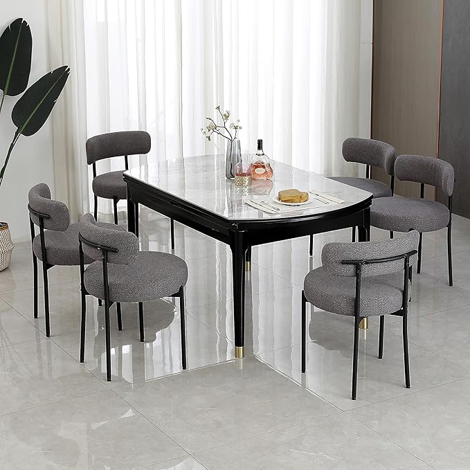 DYHOME Dark Grey Dining Chairs Set of 6, Mid-Century Modern Dining Chairs, Kitchen Dining Room Chairs, Curved Backrest Round Upholstered Boucle Sherpa Dining Chair with Black Metal Legs