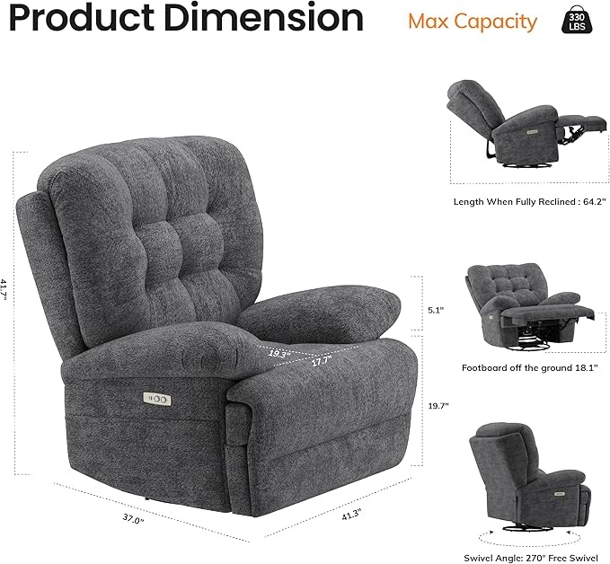 COLAMY Floren Power Swivel Recliner Chair with USB & Type-c Charge,Oversized and Padded Upholstered Deep Seat and Armrest，Rocking Recliner with Double Storage Pockets,Dark Gray