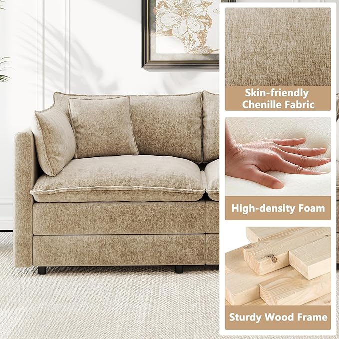 Aoowow Modular Sectional Sofa,112.2 Inch Modern Deep 3-Seater Sofas Comfy Chenille Cloud Sofas and Couches with Pillows for Living Room Apartment（Camel）