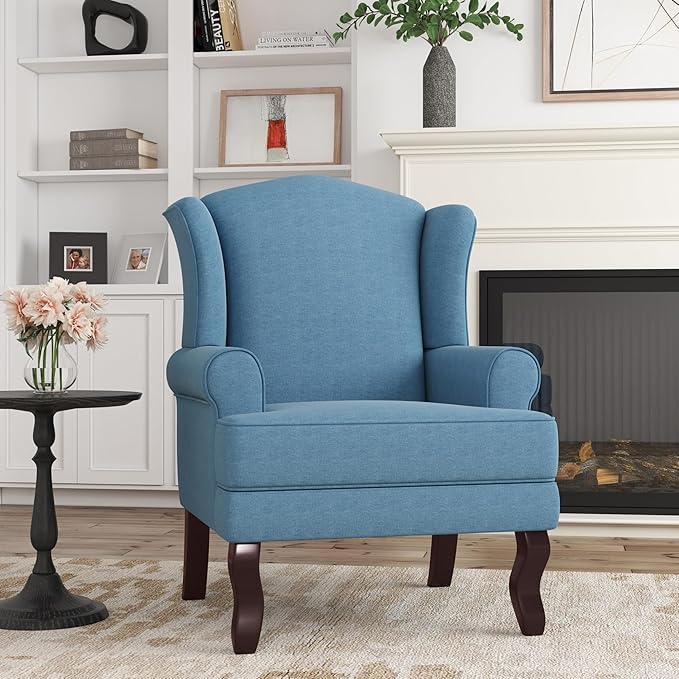 DREAMSIDEA Accent Chair, High Back Upholstered Armchair with High Resilience Sponge & Wood Legs, Mid-Century Modern Comfy Single Sofa Reading Chairs for Living Room, Bedroom (Blue, Set of 1)