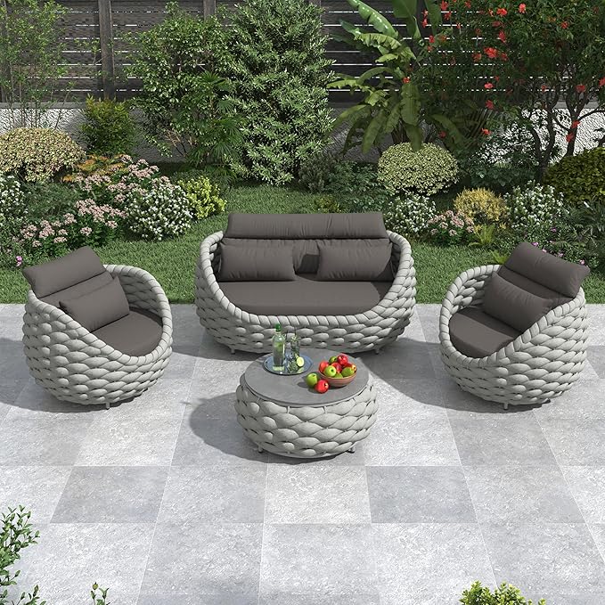 Erotr Aluminum Patio Furniture Set: 4 Pieces Woven Rope Outdoor Conversation Sofa Set Assembled - Modern Cushioned Armchair Couch Set for 660lbs Porch Deck Backyard Poolside Garden Drawing Room Hotel