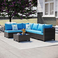 Ophelian 7 Pieces Patio Furniture Set, Outdoor Conversation Rattan Sofa，with Waterproof Cushion and Tempered Glass for Garden and Backyard, (Brown/Peacock Blue)