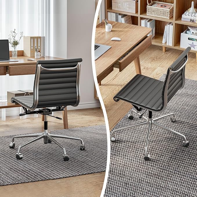 OTDMEL Armless Ribbed Office Desk Chair with Top Grain Leather, Mid Back Ergonomic Swivel Room Chair, Adjustable Height 5-Star Base, Black