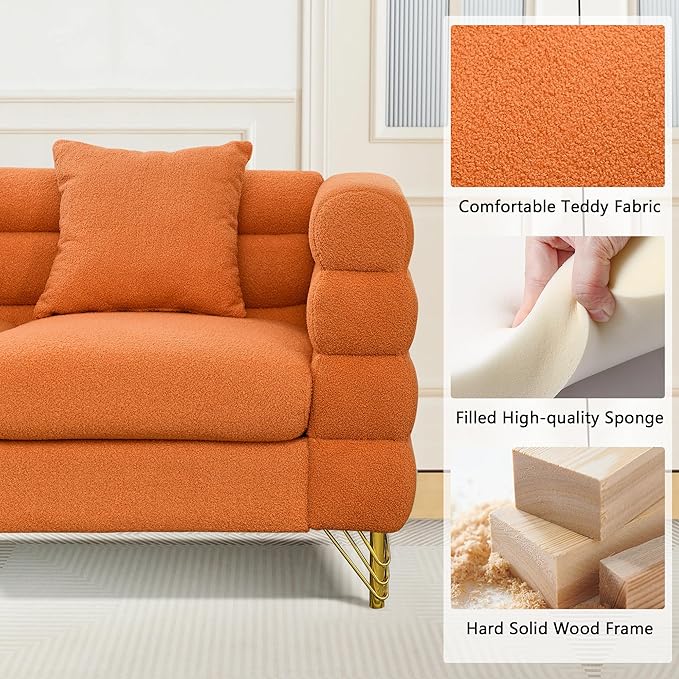 mikibama Modern Teddy Sectional Sofa, 81 Inch Oversized Sofa Couch, Luxury 3 Seater Deep Couch with 3 Pillows and Gold Metal Legs for Living Room, Bedroom, Apartment (Orange)