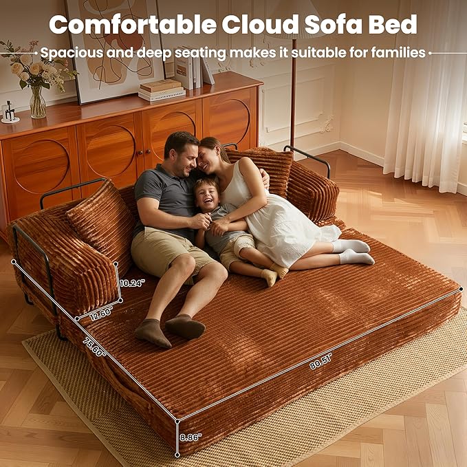 ovios 81" Folding Sofa Bed, Foldable Sleeper Boneless Couch with Pull Out Beds, Modular Convertible Floor Futon Loveseat Lounger for Living Room (Faux Fur, Brown)