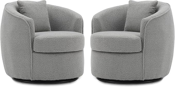 FaFaSoGoodFa Swivel Accent Chair Set of 2, Modern Upholstered Boucle Barrel Arm Chairs with Pillow for Living Room, 360 Degree Round Swivel Sherpa Armchair with Round Base for Bedroom Club (2, Grey)