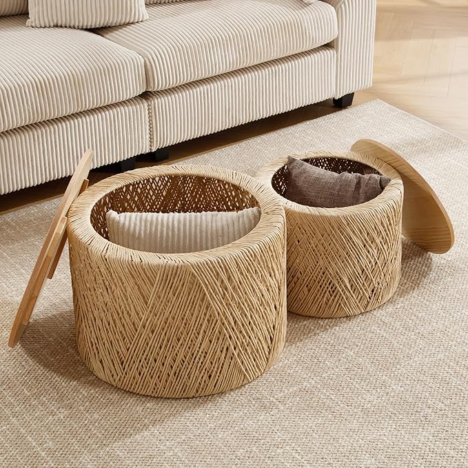 LZAREAL Farmhouse Round Coffee Table with Storage Boho Living Room Table with Lifting Top Hand-Woven Rattan Nesting Coffee Tables for Living Room, Natural
