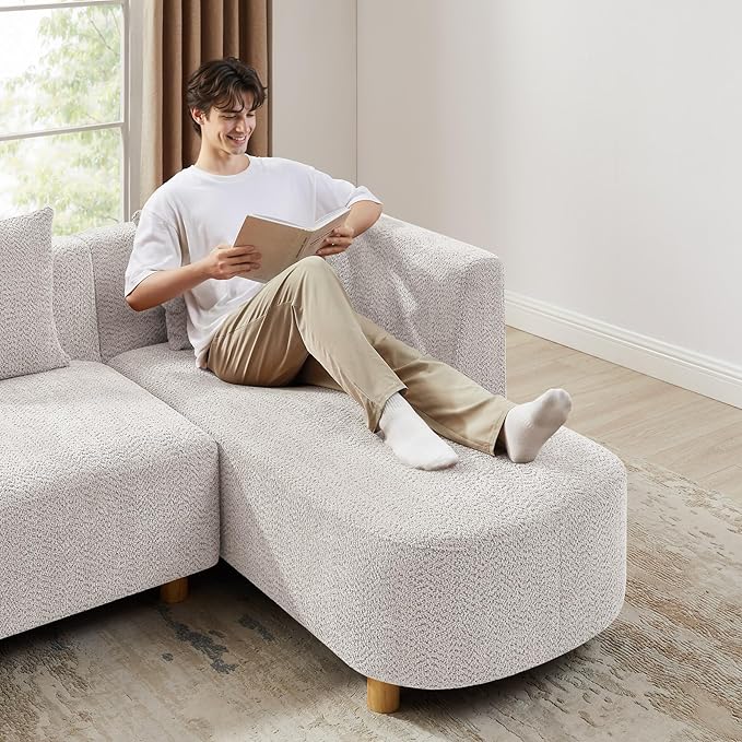VANOMi 113" Sectional Sofa with 4 Pillows, U-Shaped 4-Seater Comfy Boucle Cloud Couch, Modern Double Chaises Lounge Sofas for Living Room, Office, Apartment (Light Khaki-U)