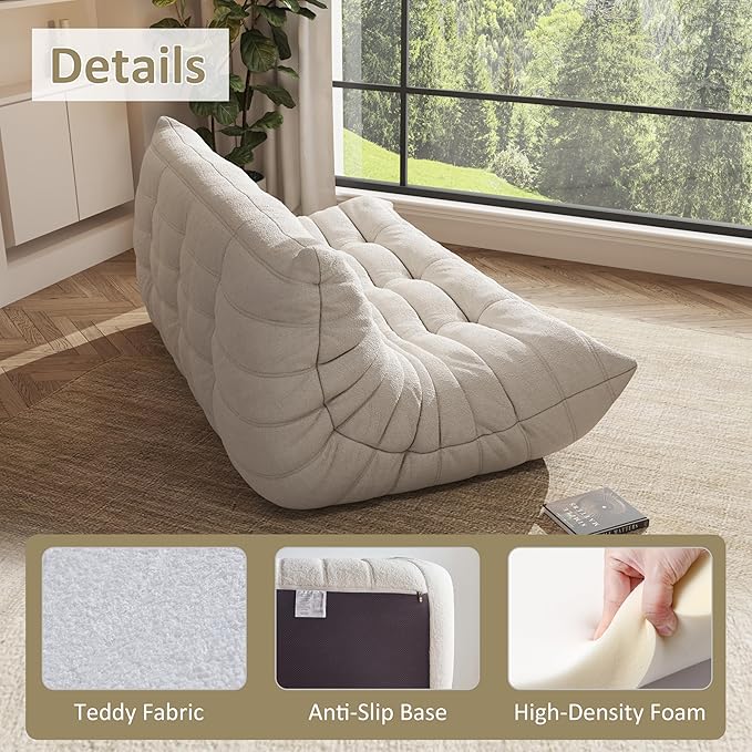 Bean Bag Chair, Oversized Bean Bag Chair for Living Room, Fireside Chair for Adults with Memory Foam Filled, Big Accent Lounge Floor Sofa for Reading, Relax, No Assembly Required. (Beige 3-Seater)