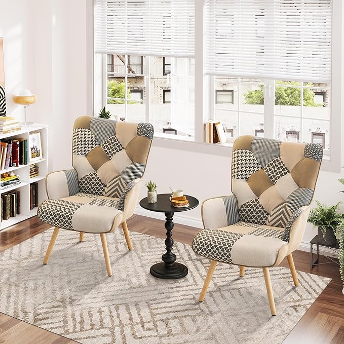 Accent Chair, Living Room Chair, Modern High Back Armchair, Colorful Patchwork Reading Chairs for Bedroom, Lounge Chair with Linen Fabric Shell and Solid Wood Feets (2, Gray)