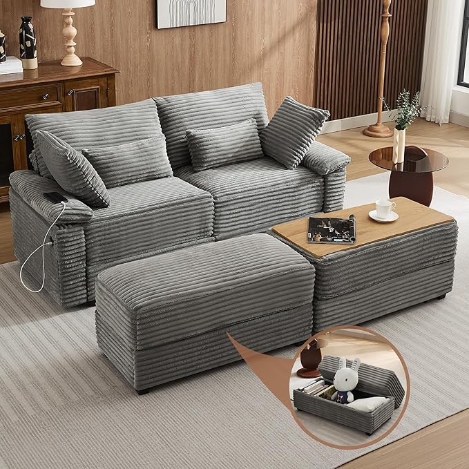 75" Corduroy Loveseat with Storage Ottoman, Cloud Deep Seat Couch with Convertible Ottoman Coffee Table & USB, Double Chaise Lounge for Living Room, Grey