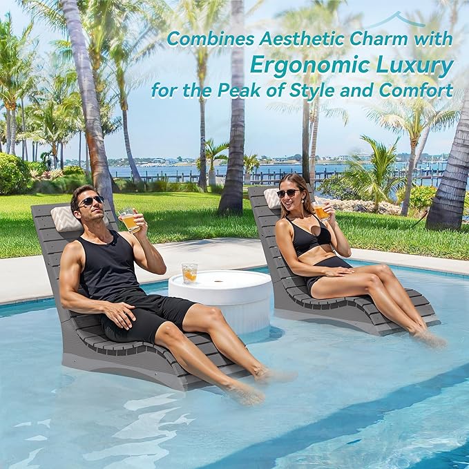Homenjoy Pool Lounge Chairs Set of 2, Use in Pools Lounge Chairs up to 10-Inches of Water, Chaise Chairs with Headrest, Lounge Chair Outdoor, Fade-Resistant Pool Lounger for Deck