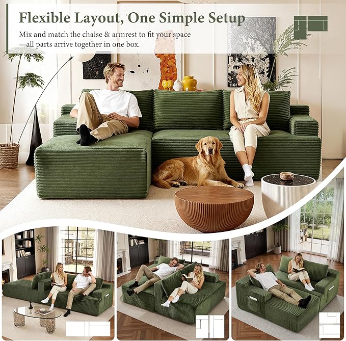 96" Sectional Couches for Living Room Cloud Couch Sofa with L-Shape Upholstered Boneless Couchs Modern Modular Sectional Couch with Chaise (Green, 96" W+Left Facing Chaise+2Seaters)