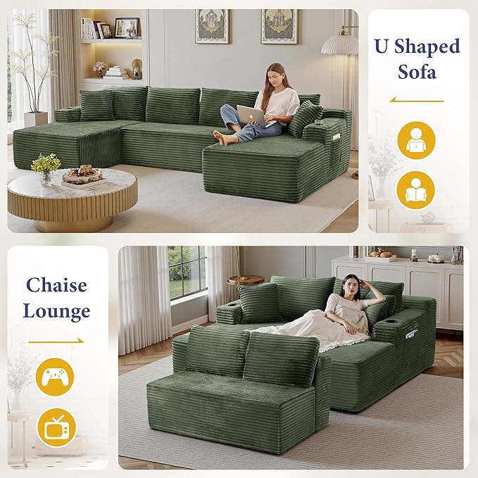 133" Sectional Couches for Living Room Cloud Couch Sofa with L-Shape Upholstered Boneless Couchs Modern Modular Sectional Couch with Chaise (Green, 133" W+U Facing Chaise)