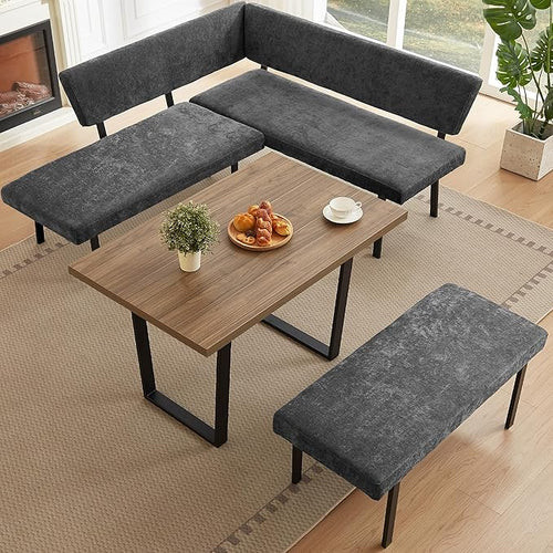 3-Piece Corner Dining Table Set with Bench, 67 Inch Space-Saving Breakfast Nook for Kitchen & Dining Room (Walnut Table & Grey Bench)