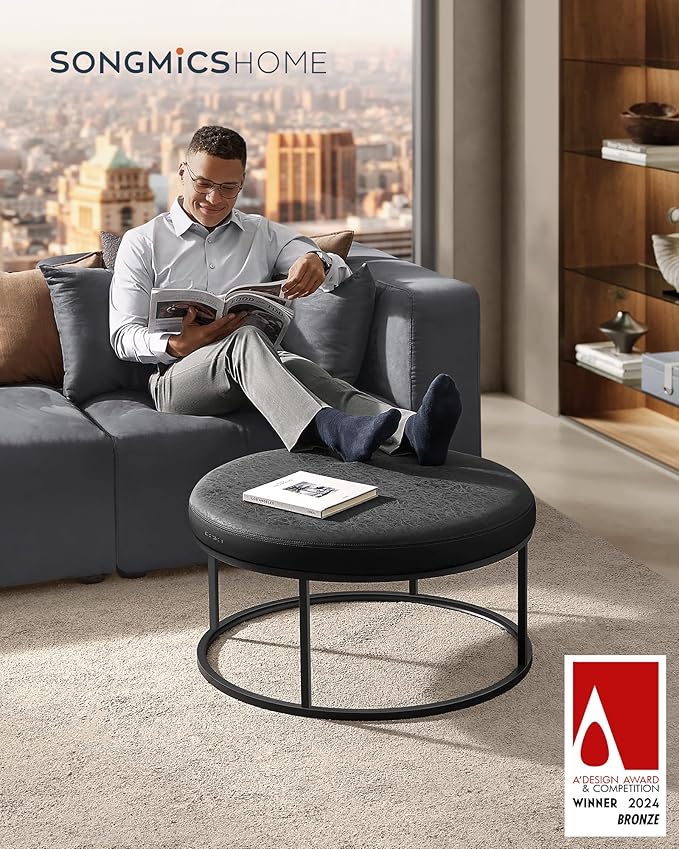 SONGMICS HOME LUIZ Collection - Ottoman, Round Coffee Table, Footstool, Reversible Top, Padded Seat, Side Table, Minimalist, Steel Frame, Max. Load 660 lb, for Living Room, Ink Black ULOM078B01