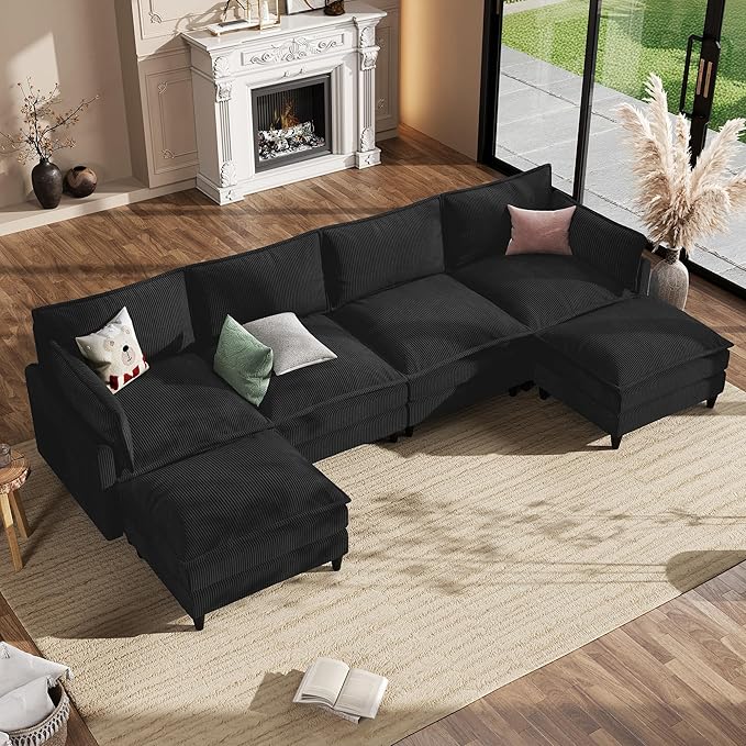 Apicizon 143" Cloud Sofa Sectional, 4-Seat Deep Couch with Ottoman, Modern U Shape Sectional Cloud Sofa Corduroy for Living Room, Apartment, Office, Black