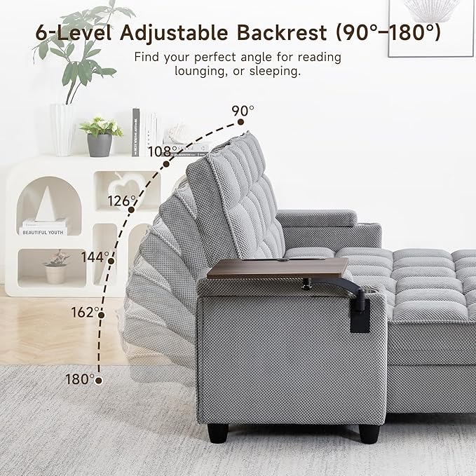 70.9" Chaise Lounge Chair Indoor, Oversized Boucle Upholstered Sofa Bed, Adjustable Backrest Deep Seat Reading Chair, Sofas Couches for Living Room with Storage, Cup Holders and 360° Swivel Side Table