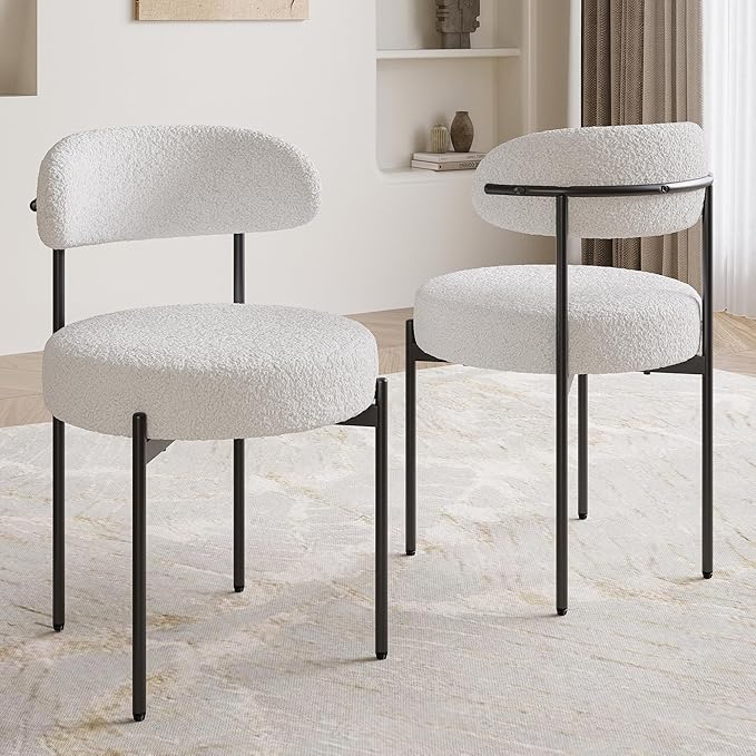 Farini Dining Chairs Set of 4,Mid-Century Modern Kitchen Chair Curved Backrest Round Upholstered Sherpa Dining Chairs with Metal Legs,Beige