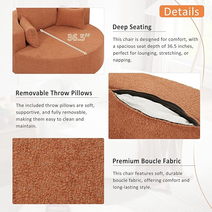 Merax 360° Swivel Chair, Chenille Fabric Accent Barrel Chair, Swivel Round Sofa Chair with 3 Removable Pillows for Living Room, Bedroom, Office and Hotel, Red