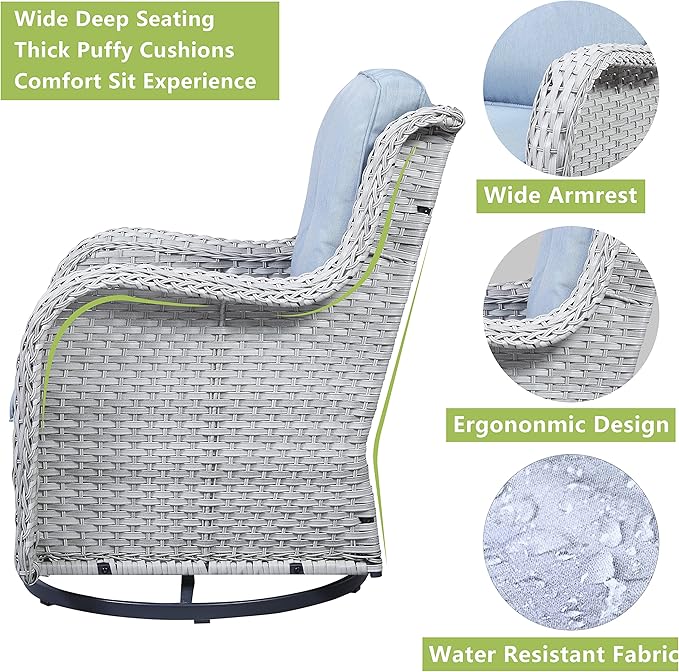 Rilyson Wicker Rocking Chair Swivel Chairs - 4 PC Rocker Patio Chairs Set Rattan Rocking Chair for Outdoor Porch Deck Garden Backyard(Light Grey/Sky Blue)