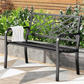 PHI VILLA 43 Inch Cast Iron Steel Frame Outdoor Garden Bench, Patio Furniture Chair Bench w/Line Pattern Design Backrest, Slatted Seat for Park, Yard, Porch - Black