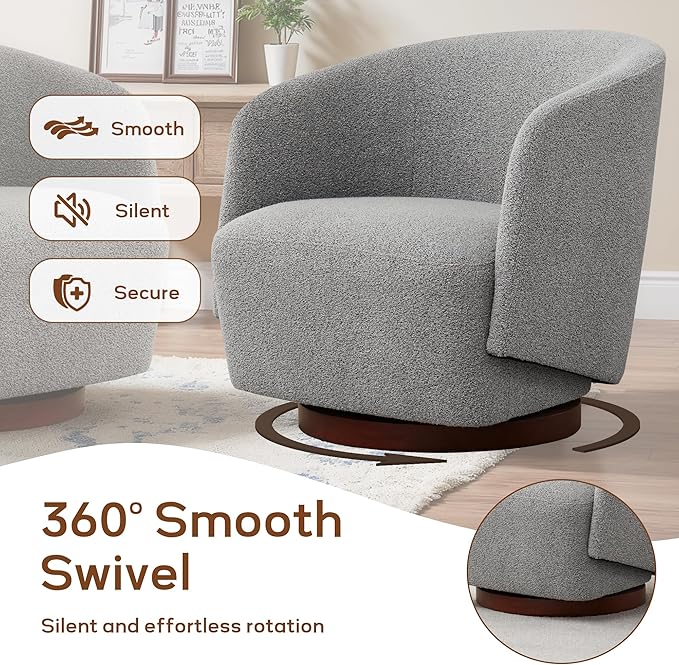 Boucle Swivel Accent Chair, No Assembly Upholstered Armchair with Rubberwood Base, 360° Rotating Barrel Chair for Living Room, Bedroom, Apartment & Reading Nook (1, Light Grey)