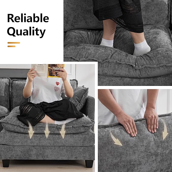 113'' V Shaped Cloud Sectional Sofa, Oversized Deep Seat Couches for Living Room, Chenille Comfy Upholstered Modular Sectional Sofa Couch, Grey