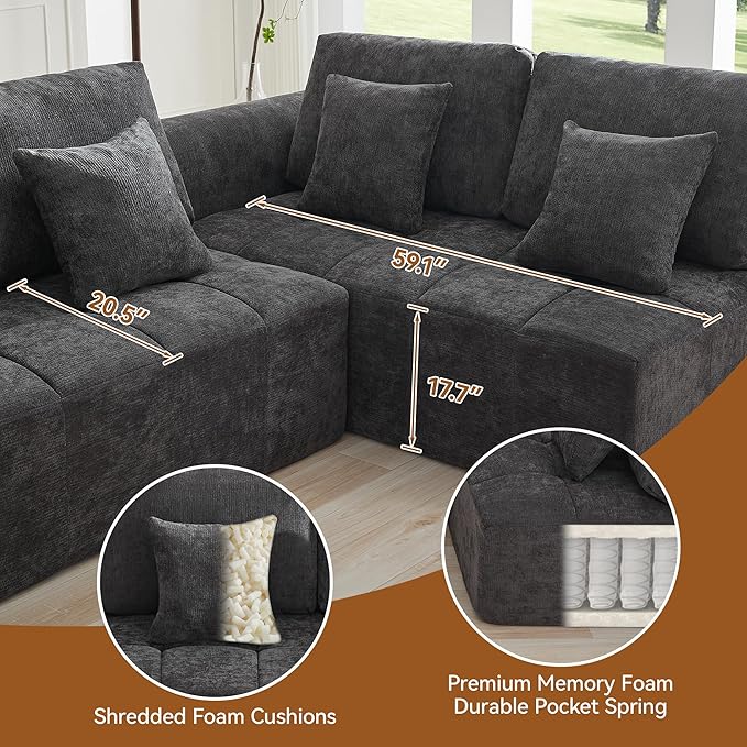 140''Cloud Boneless Couches for Living Room, Modular Sectional Compressed Sectional Sofa, Oversized L Shaped 7 Seater Upholstered Memory Foam Sofa, No Assembly, Chenille Grey