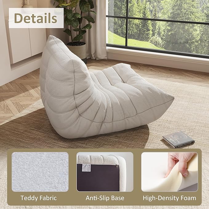 Bean Bag Chair, Oversized Bean Bag Chair for living Room, Fireside Chair for adults with Memory Foam Filled, Big Accent Sofa Lounge Floor Sofa for Gaming, Reading, Relax, No Assembly Required. (White)