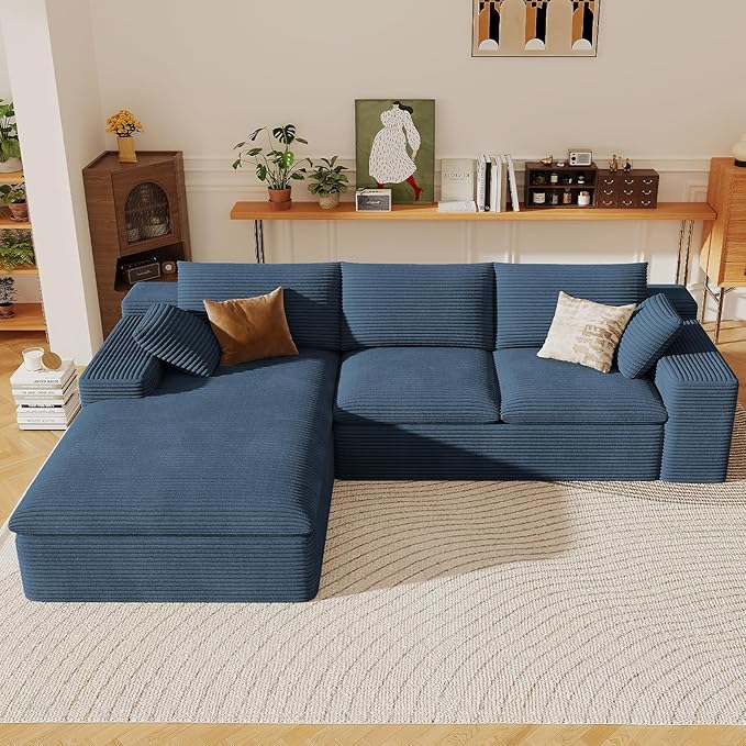 107" Cloud Sectional Couch with L-Shape Chaise, Modern Corduroy Viral Boneless Sofa for Living Room,Memory Foam Couches in a Box with Deep Seat,No Assembly Required (Blue,Left-Facing Chaise)