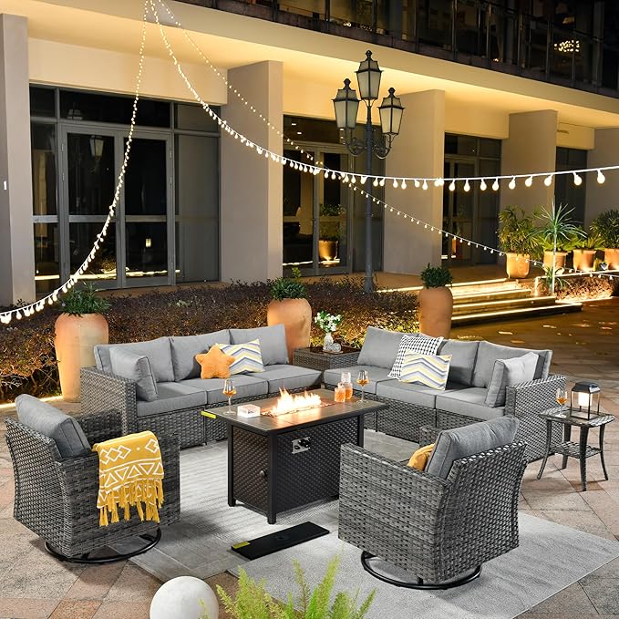 ovios 11 Piece Outdoor Patio Furniture Set with Fire Pit Table,Conversation Sectional Wicker Couch with Swivel Chairs,Modern Outside Sofa for Balcony Backyard, Dark Grey