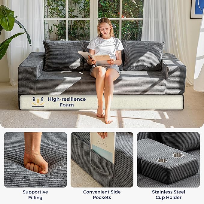 MAXYOYO Convertible Sofa Bed, 80" Oversized Boneless Loveseat Couch 4 in 1 Foldable Floor Sofa Couch in A Box with 2 Cup Holders, Folding Sleeper Chair for Living Room, No Assembly Required, Dark Grey