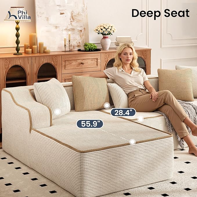 PHI VILLA 104" Cloud Sectional Sofa, Modern L-Shaped Couch with Deep Seat, Compressed Couches for Apartment Living Room, No Assembly Required, Corduroy, Beige