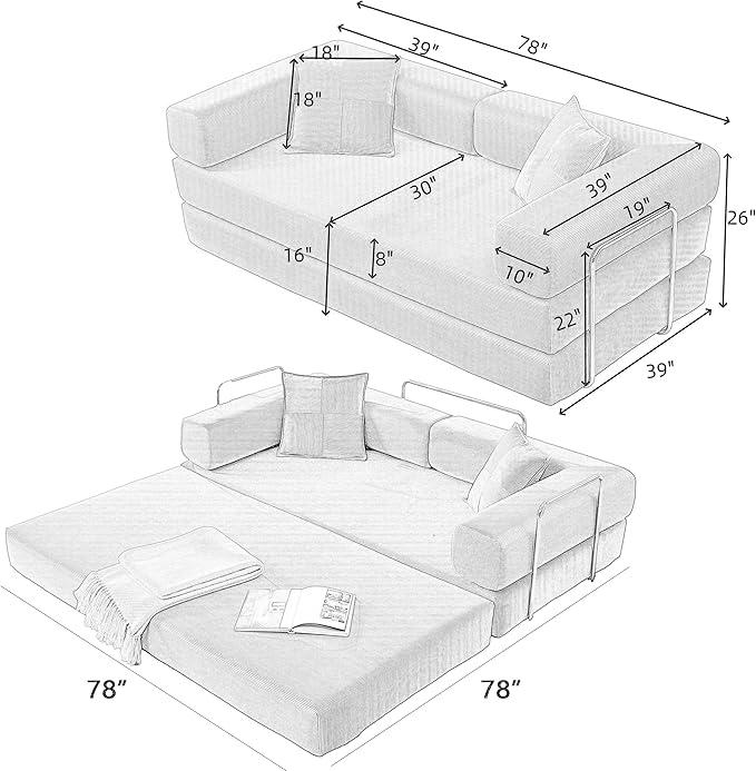Convertible Couch Sofa Bed Foldable Floor Sleeper | Modern Deep Seat Fold Out Couch | Removable Backrest & Armrests | No Assembly Compression Sofa Sleeper for Living Room, Bedroom | Corduroy Gray